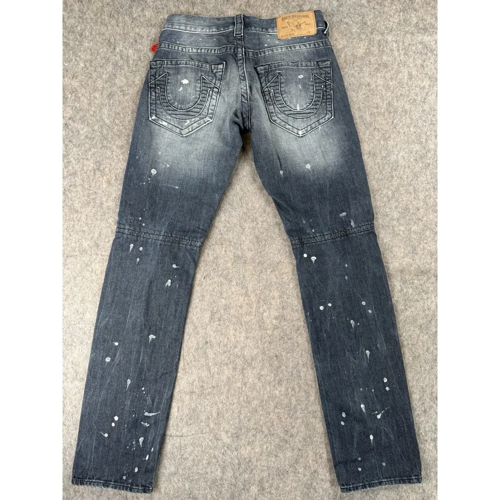 True Religion MENS 29x32 Slim Moto Run Jeans Blue Stitched Paint Splatter Y2K